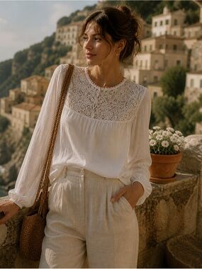 GUISY Made in Italy Silk Lace Romantic Boho Blouse White